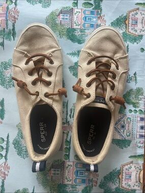 Sperry Cream Canvas Boat Shoes with Brown Leather Laces